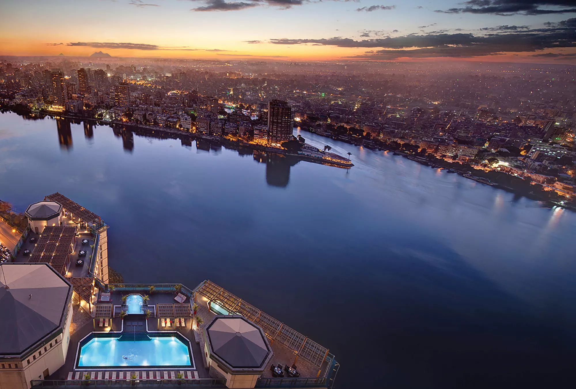Cairo and the Nile at night from Fairmont Nile City